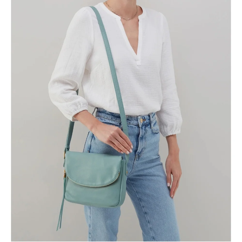 Pale Green Crossbody Bag with Gold Hardware and Flap Closure - Picture 2 of 12
